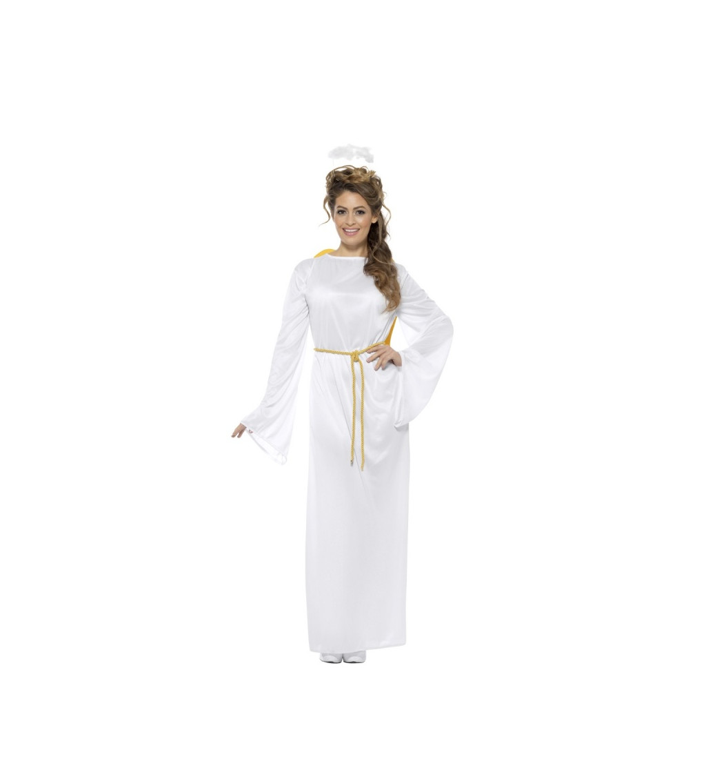 Kostým anděla Gabriela bílý s páskem, křídly a svatozáří